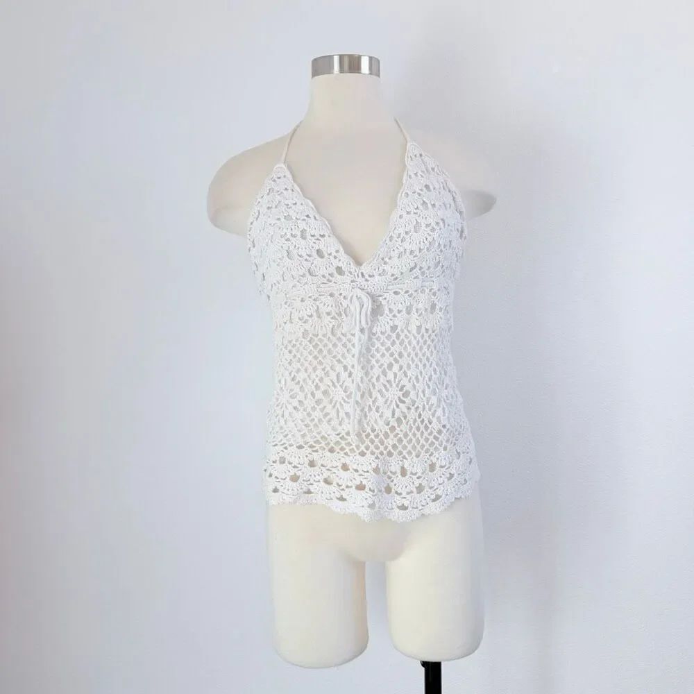 Newport News White Knit Crochet Halter Tank Top Boho Knitted V Neck Medium